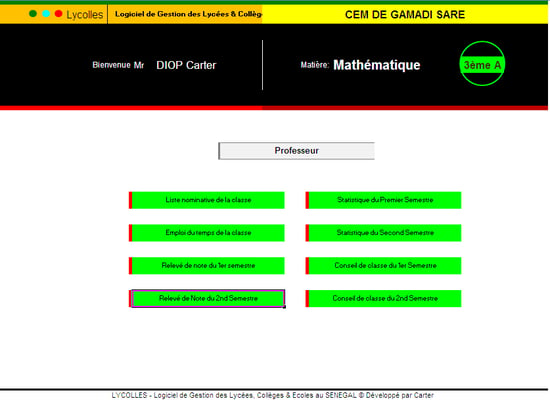 Interface personnelle d'un professeur de la classe